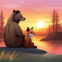 An image, rendered in high quality digital art, portrays a serene scene of a bear and a fox sitting side by side, quietly enjoying a breathtaking sunset