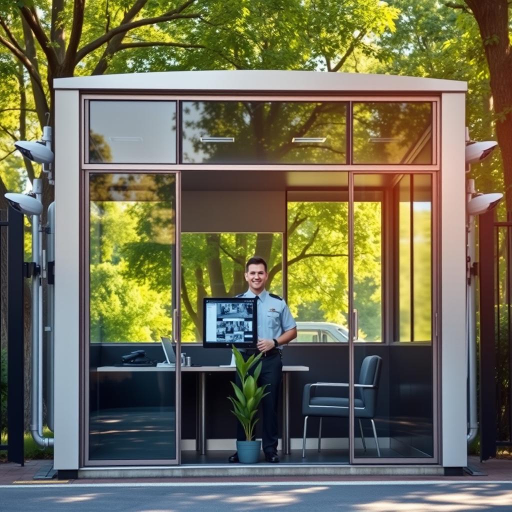 A modern security cabin located at an entrance gate, featuring a sleek design with large glass windows for visibility