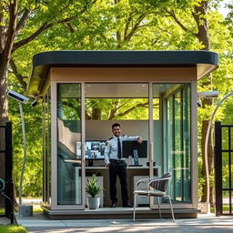 A modern security cabin located at an entrance gate, featuring a sleek design with large glass windows for visibility