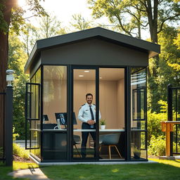 A modern security cabin located at an entrance gate, featuring a sleek design with large glass windows for visibility