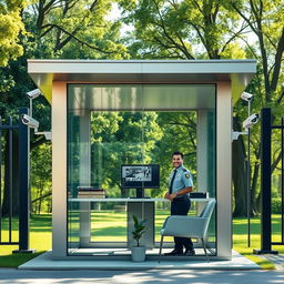 A modern security cabin located at an entrance gate, featuring a sleek design with large glass windows for visibility