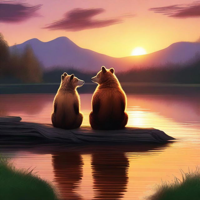 An image, rendered in high quality digital art, portrays a serene scene of a bear and a fox sitting side by side, quietly enjoying a breathtaking sunset