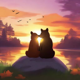 An image, rendered in high quality digital art, portrays a serene scene of a bear and a fox sitting side by side, quietly enjoying a breathtaking sunset