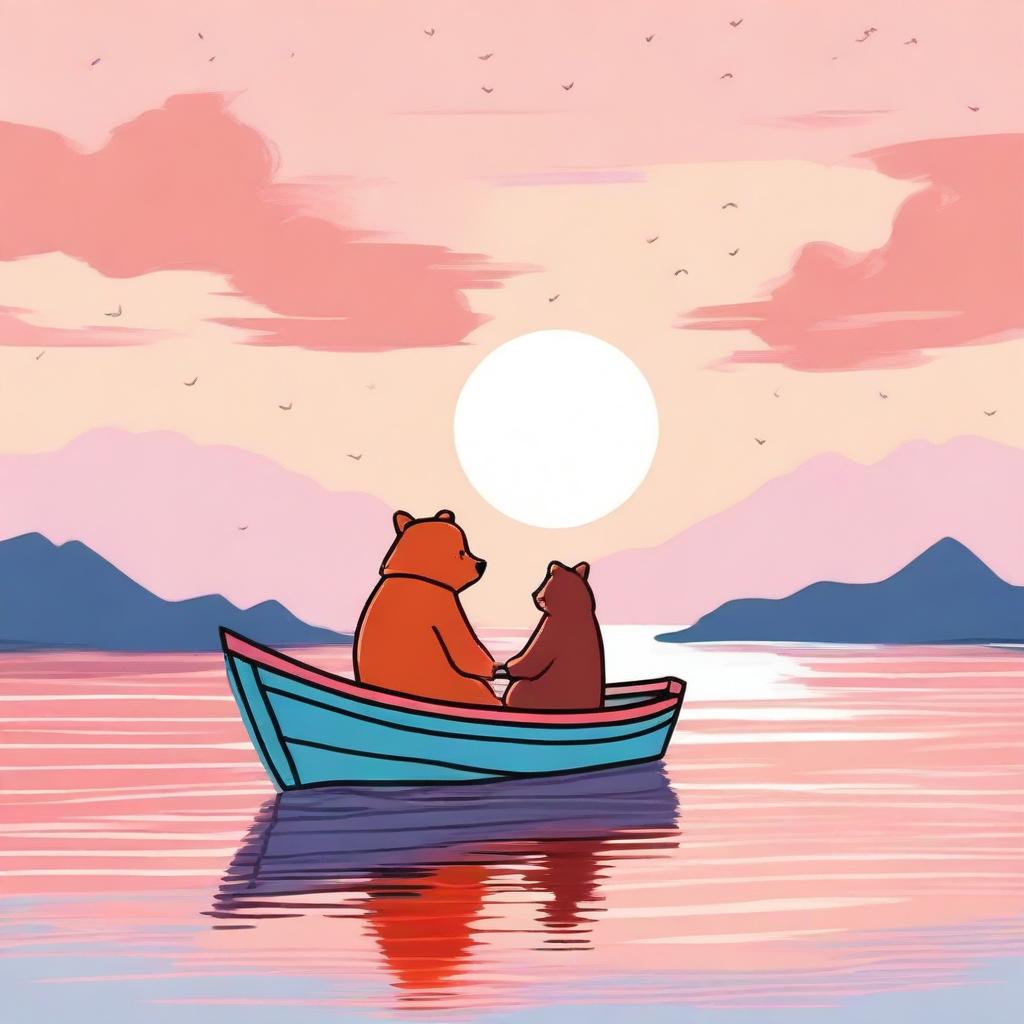 A high-quality digital art piece showcasing a bear and a fox together on a boat