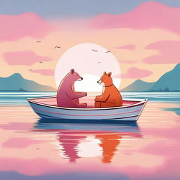 A high-quality digital art piece showcasing a bear and a fox together on a boat