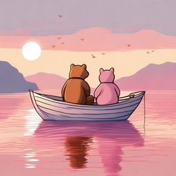 A high-quality digital art piece showcasing a bear and a fox together on a boat