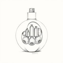 A detailed pencil sketch of a perfume bottle designed in the shape of a pomegranate