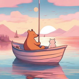 A high-quality digital art piece showcasing a bear and a fox together on a boat