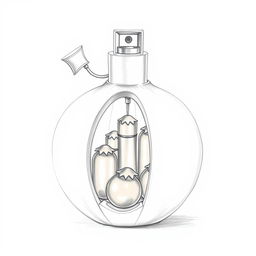 A detailed pencil sketch of a perfume bottle designed in the shape of a pomegranate