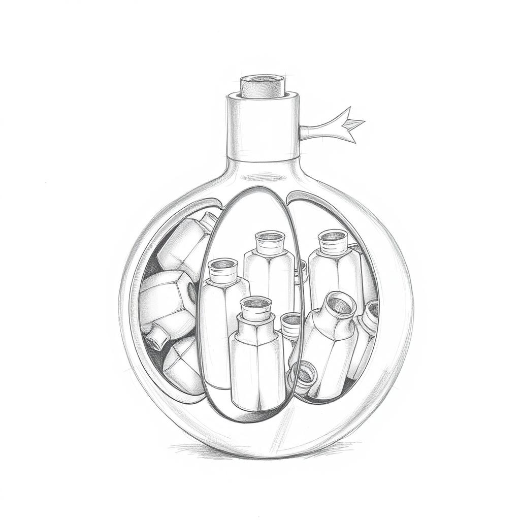 A detailed pencil sketch of a perfume bottle designed in the shape of a pomegranate