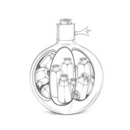 A detailed pencil sketch of a perfume bottle designed in the shape of a pomegranate