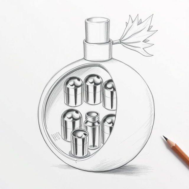 A detailed pencil sketch of a perfume bottle designed in the shape of a pomegranate