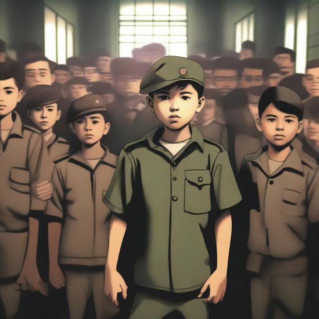 A high-quality digital art image showing a young boy in military uniform in a prison setting