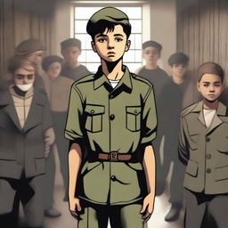 A high-quality digital art image showing a young boy in military uniform in a prison setting