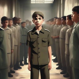 A high-quality digital art image showing a young boy in military uniform in a prison setting