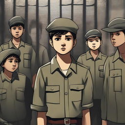 A high-quality digital art image showing a young boy in military uniform in a prison setting