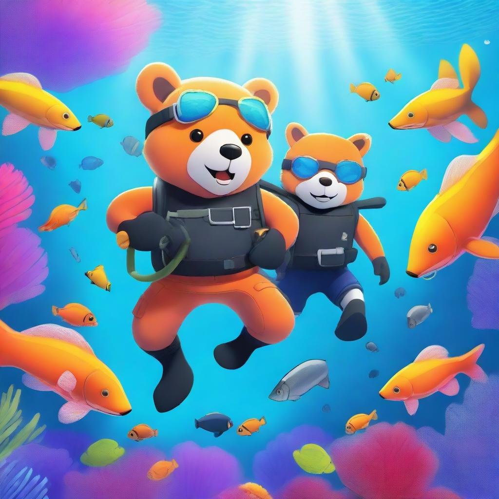 A high-resolution, digital art image featuring a bear and a fox engaging in a scuba diving adventure