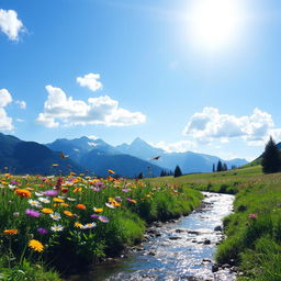 A serene landscape featuring a vibrant field of wildflowers in full bloom under a bright blue sky with fluffy white clouds