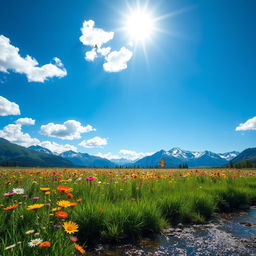 A serene landscape featuring a vibrant field of wildflowers in full bloom under a bright blue sky with fluffy white clouds