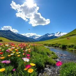 A serene landscape featuring a vibrant field of wildflowers in full bloom under a bright blue sky with fluffy white clouds