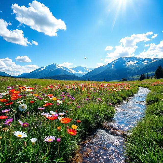 A serene landscape featuring a vibrant field of wildflowers in full bloom under a bright blue sky with fluffy white clouds