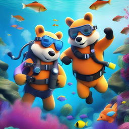 A high-resolution, digital art image featuring a bear and a fox engaging in a scuba diving adventure