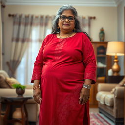 A 60-year-old dusky Indian plus-size housewife showcasing her curves, with an emphasis on her full-body profile