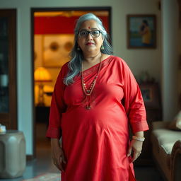 A 60-year-old dusky Indian plus-size housewife showcasing her curves, with an emphasis on her full-body profile