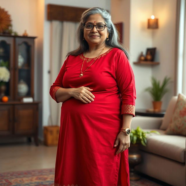 A 60-year-old dusky Indian plus-size housewife showcasing her curves, with an emphasis on her full-body profile
