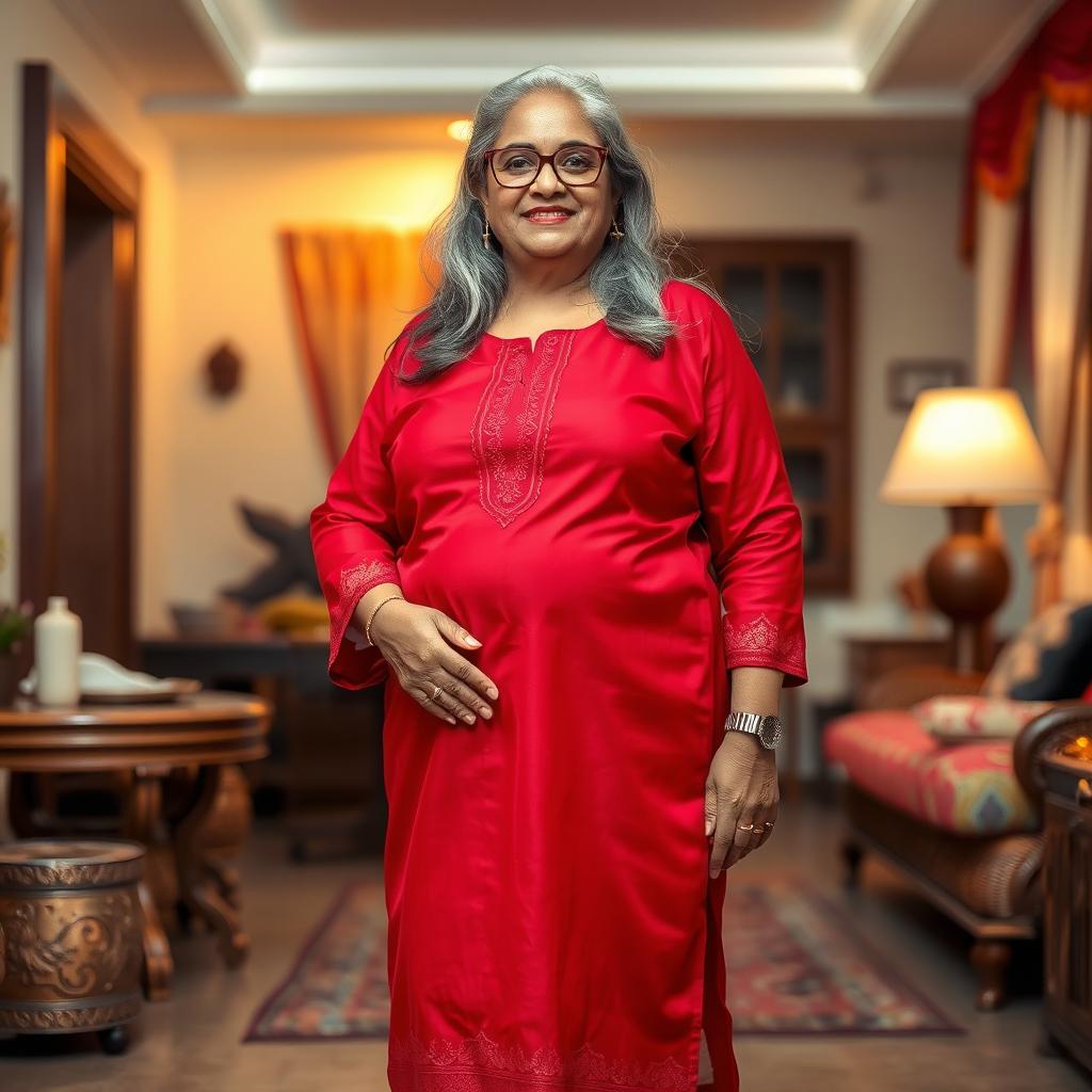 A 60-year-old dusky Indian plus-size housewife showcasing her curves, with an emphasis on her full-body profile