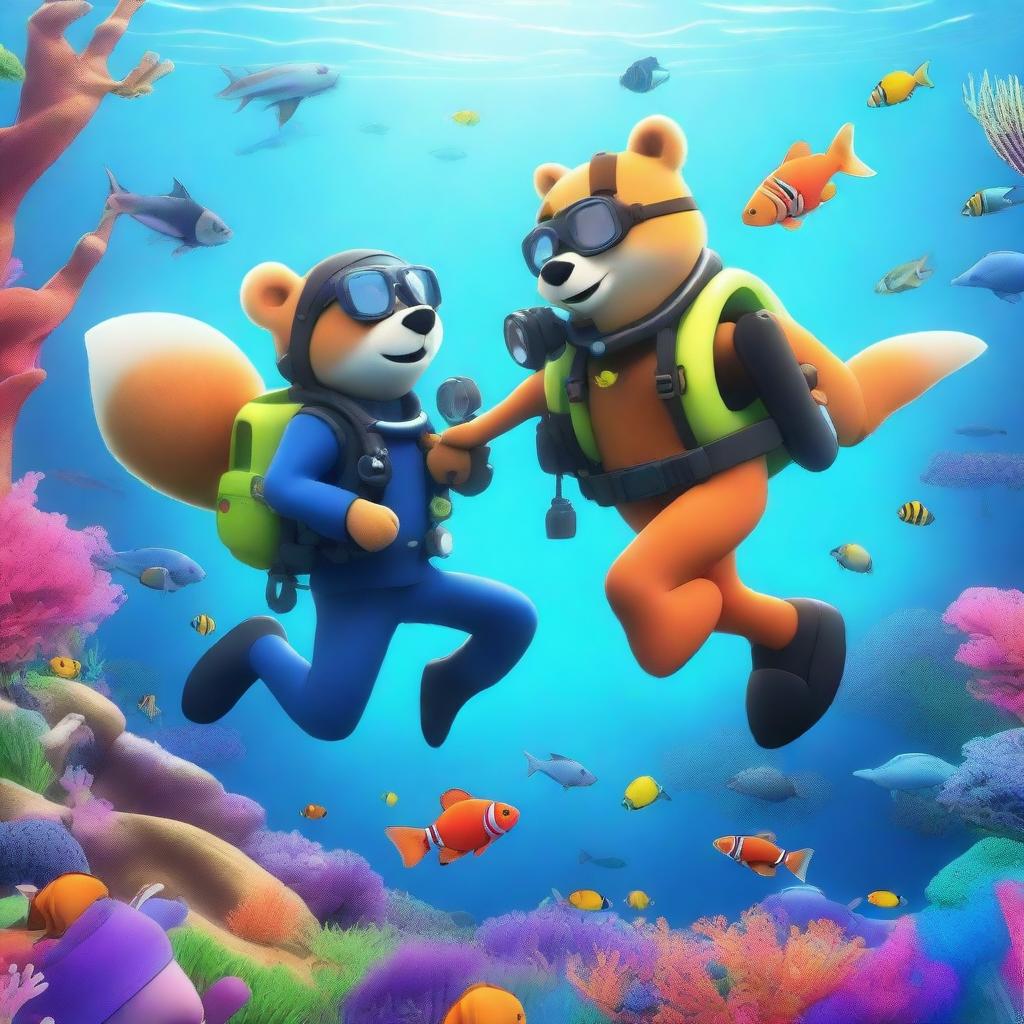 A high-resolution, digital art image featuring a bear and a fox engaging in a scuba diving adventure