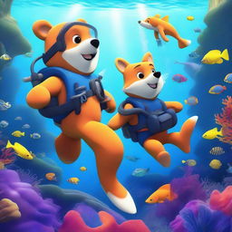 A high-resolution, digital art image featuring a bear and a fox engaging in a scuba diving adventure