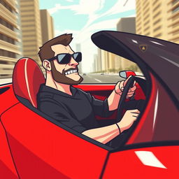 A Wojak meme character driving a sleek red Lamborghini, designed in a vibrant vector art style