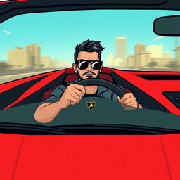 A Wojak meme character driving a sleek red Lamborghini, designed in a vibrant vector art style