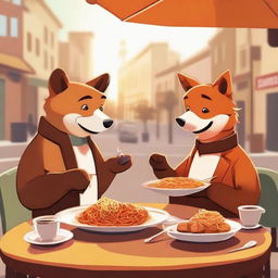 A digital art image of the highest quality, showcasing a bear and a fox, both anthropomorphic, enjoying a plate of spaghetti at a street restaurant