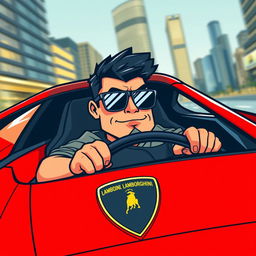 A Wojak meme character driving a sleek red Lamborghini, designed in a vibrant vector art style