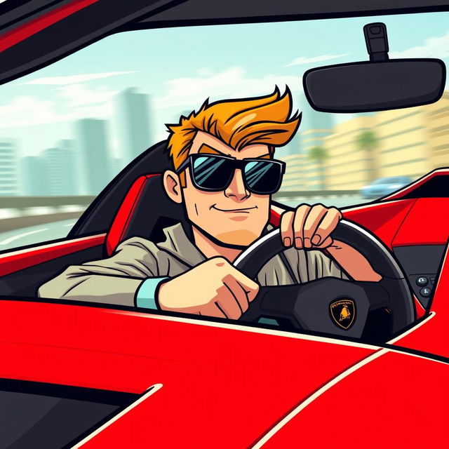 A Wojak meme character driving a sleek red Lamborghini, designed in a vibrant vector art style