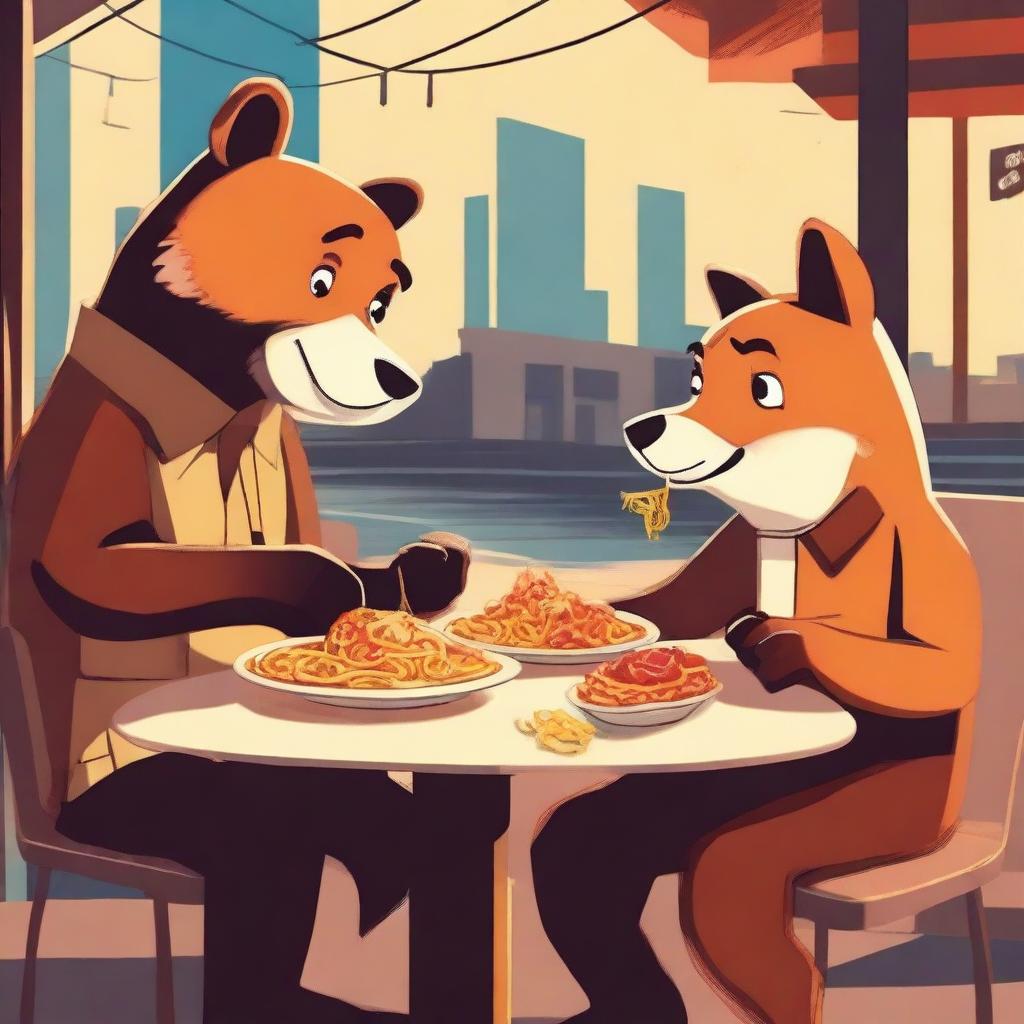 A digital art image of the highest quality, showcasing a bear and a fox, both anthropomorphic, enjoying a plate of spaghetti at a street restaurant