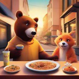 A digital art image of the highest quality, showcasing a bear and a fox, both anthropomorphic, enjoying a plate of spaghetti at a street restaurant