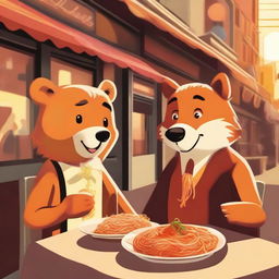 A digital art image of the highest quality, showcasing a bear and a fox, both anthropomorphic, enjoying a plate of spaghetti at a street restaurant