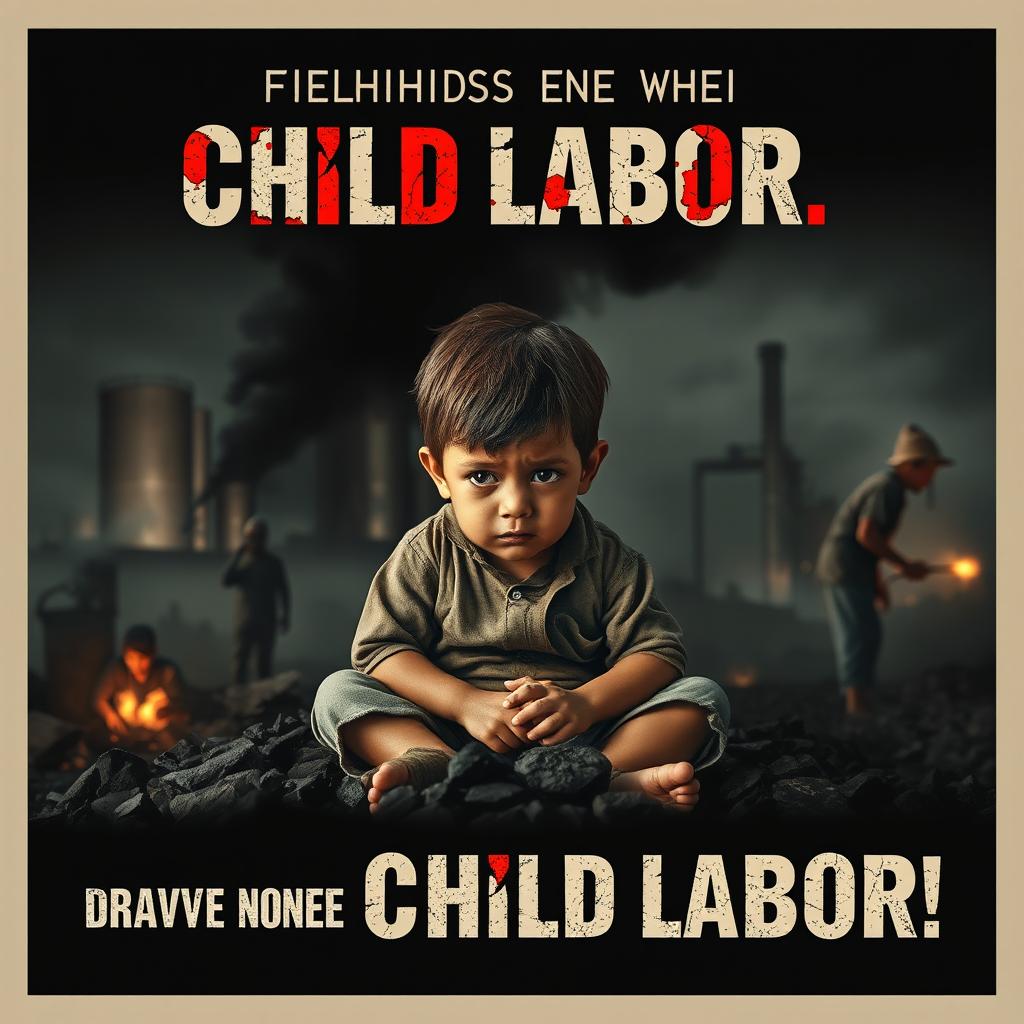 A powerful and emotional poster highlighting the theme of child labor, featuring a somber and reflective atmosphere