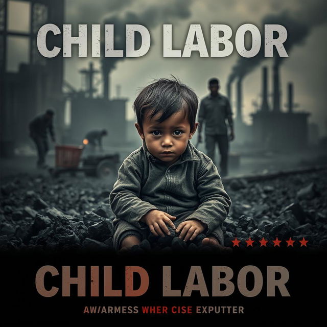 A powerful and emotional poster highlighting the theme of child labor, featuring a somber and reflective atmosphere