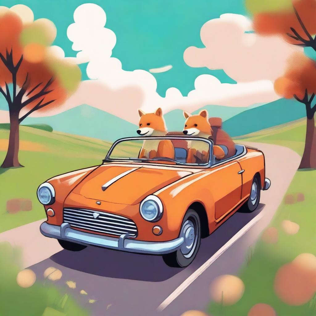 This is a vibrant digital art image depicting a bear and a fox in a cabrio car