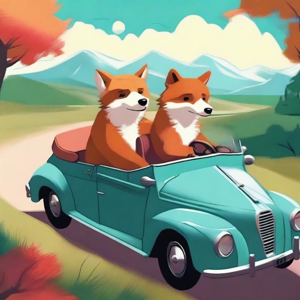 This is a vibrant digital art image depicting a bear and a fox in a cabrio car