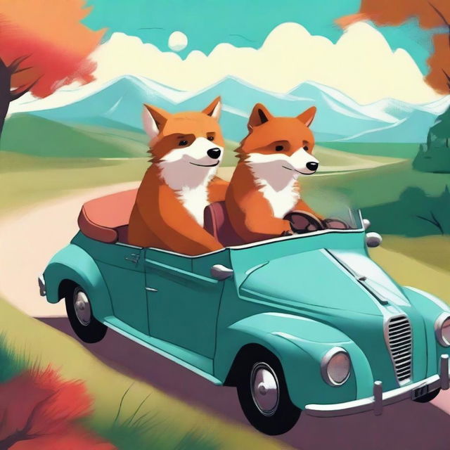 This is a vibrant digital art image depicting a bear and a fox in a cabrio car