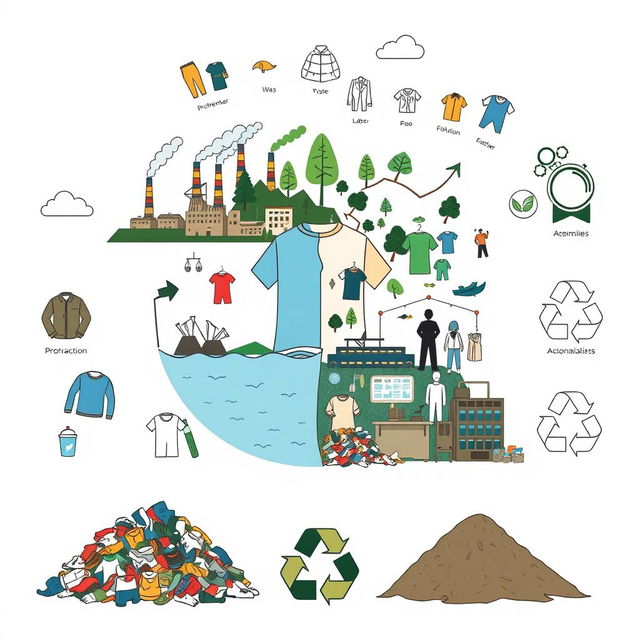 A conceptual illustration depicting the environmental and social impact of clothing use, production, and disposal on a white background