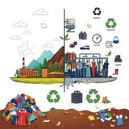 A conceptual illustration depicting the environmental and social impact of clothing use, production, and disposal on a white background