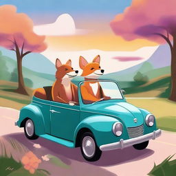 This is a vibrant digital art image depicting a bear and a fox in a cabrio car