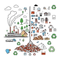 A conceptual illustration depicting the environmental and social impact of clothing use, production, and disposal on a white background