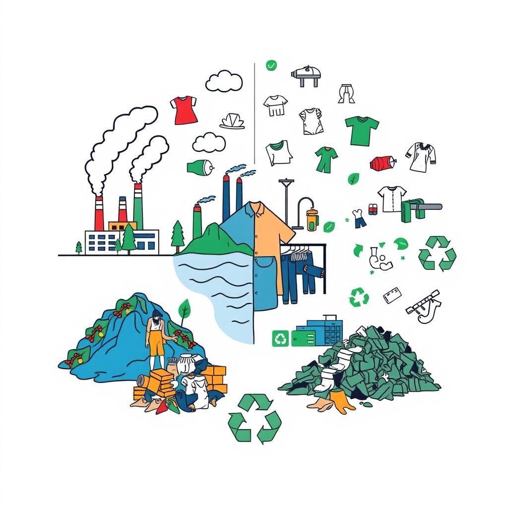 A conceptual illustration depicting the environmental and social impact of clothing use, production, and disposal on a white background